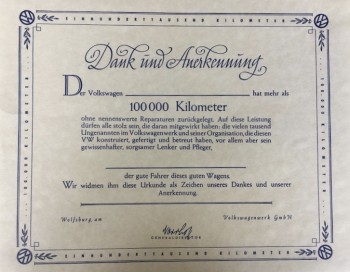 Third Reich period 1930s  Volkswagen VW 100,000 Kilometres certificate