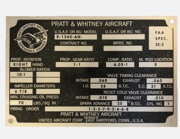 WW2 U.S.A.F. Pratt & Whitney data plate for the WASP R-1340 radial Engine